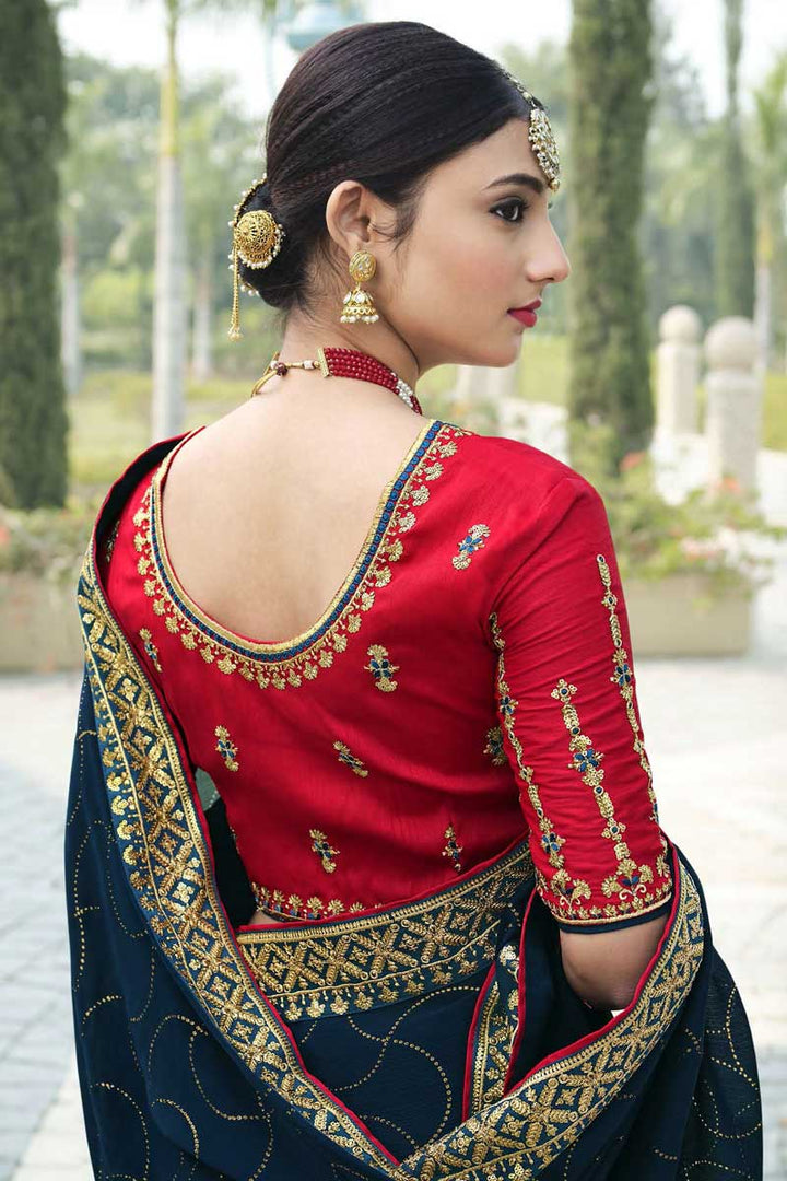 Satin Chiffon Fabric Navy Blue Color Beguiling Sangeet Wear Saree With Sequins Work