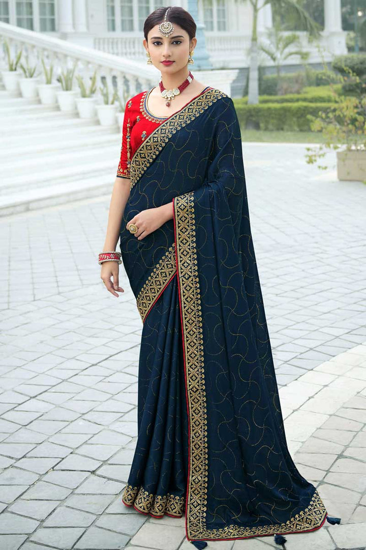 Satin Chiffon Fabric Navy Blue Color Beguiling Sangeet Wear Saree With Sequins Work