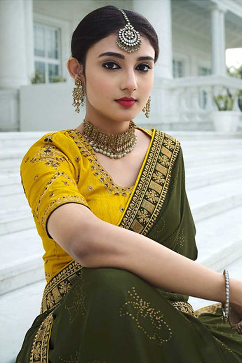 Sequins Work On Mehendi Green Color Tempting Sangeet Wear Saree In Satin Chiffon Fabric
