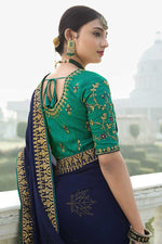 Load image into Gallery viewer, Satin Chiffon Fabric Sangeet Wear Navy Blue Color \Saree With Bewitching Sequins Work
