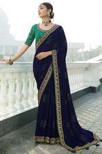 Load image into Gallery viewer, Satin Chiffon Fabric Sangeet Wear Navy Blue Color \Saree With Bewitching Sequins Work
