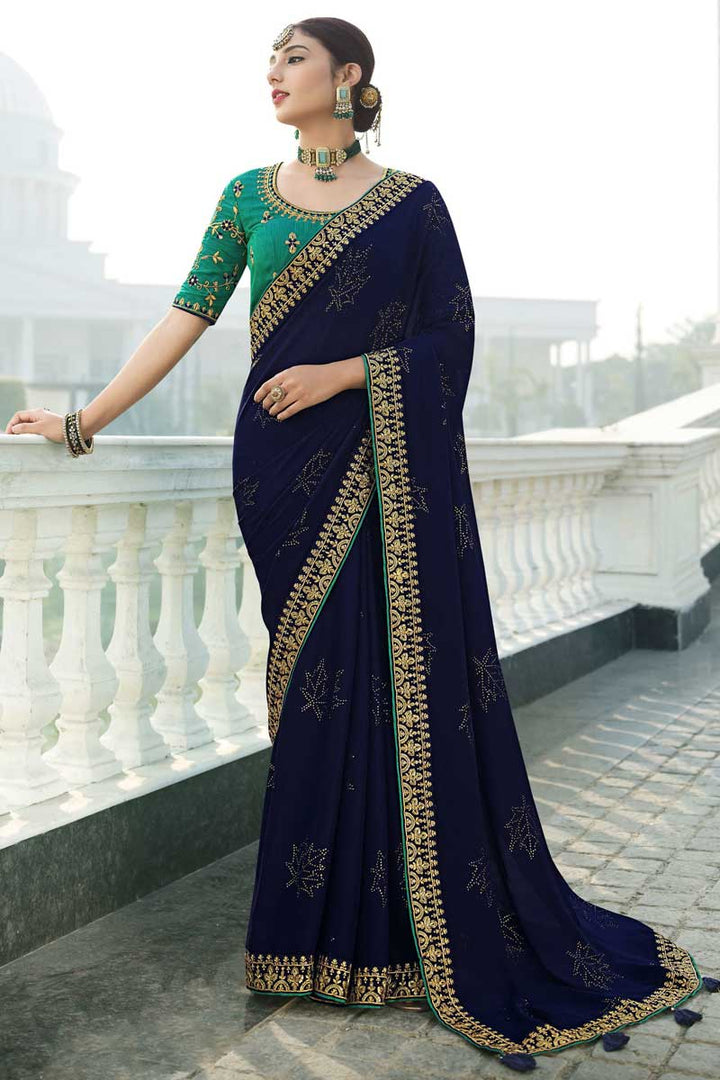 Satin Chiffon Fabric Sangeet Wear Navy Blue Color \Saree With Bewitching Sequins Work