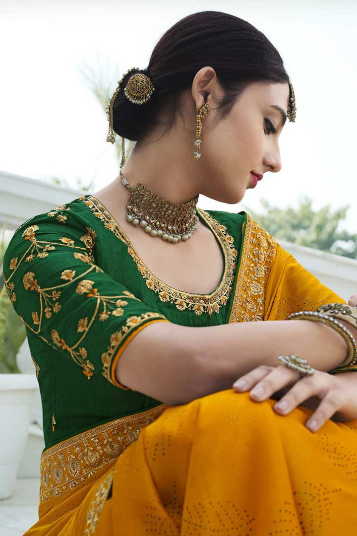 Excellent Satin Chiffon Fabric Mustard Color Sangeet Wear Saree With Sequins Work