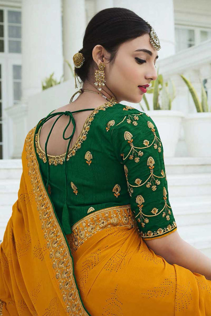 Excellent Satin Chiffon Fabric Mustard Color Sangeet Wear Saree With Sequins Work