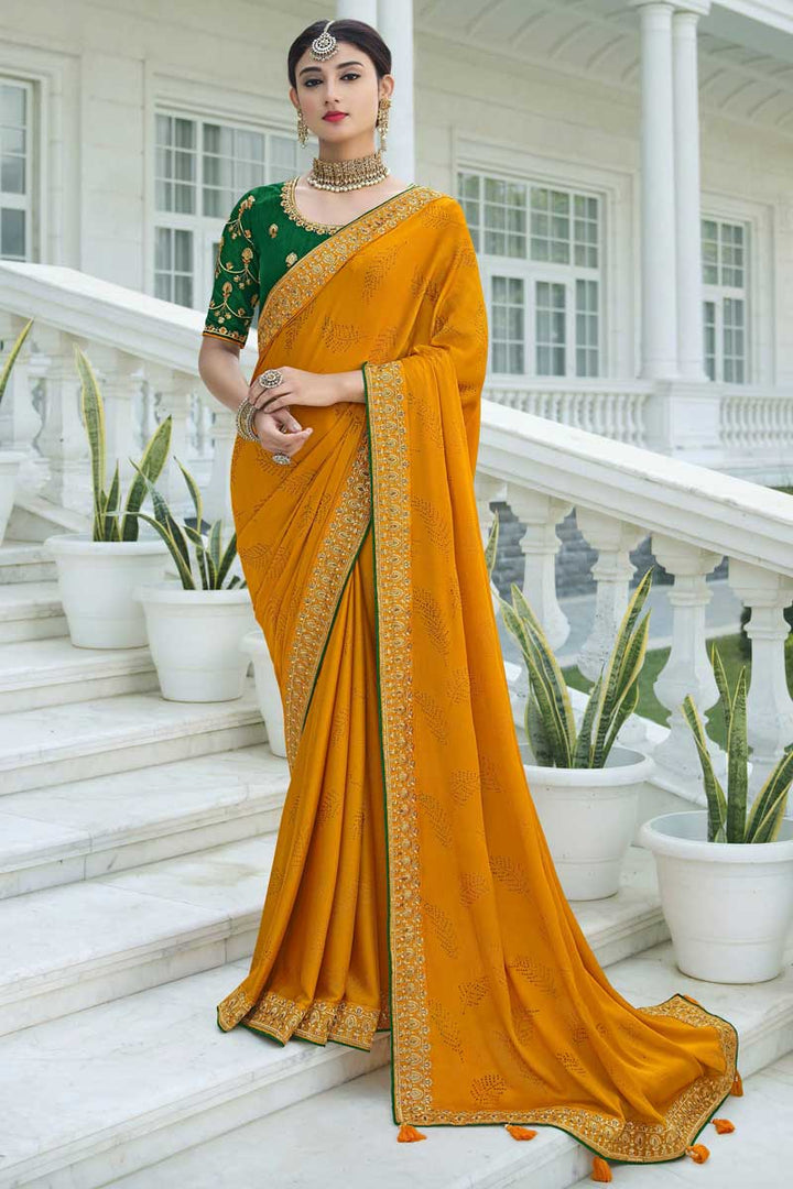 Excellent Satin Chiffon Fabric Mustard Color Sangeet Wear Saree With Sequins Work