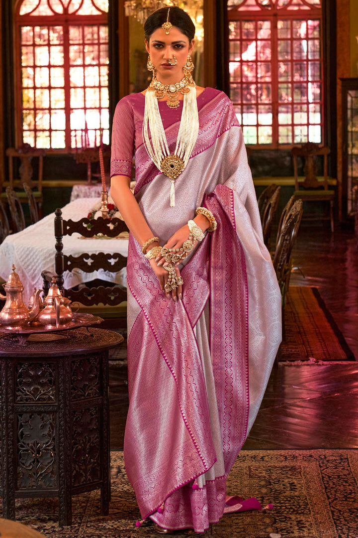 Kanjivaram Silk Grey Saree With Weaving Work