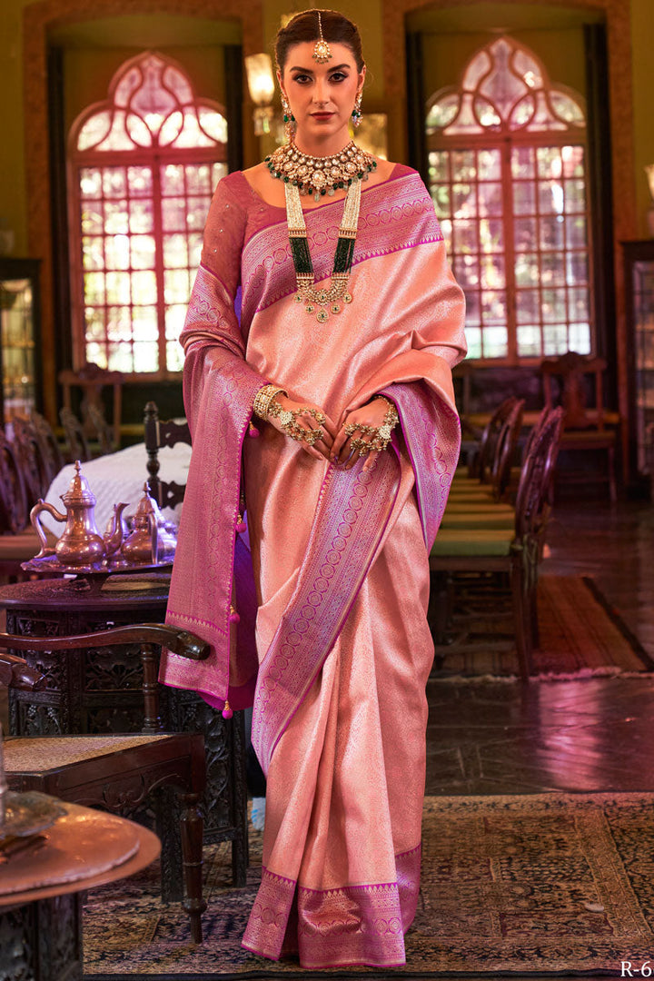 Peach Kanjivaram Silk Saree With Weaving Work