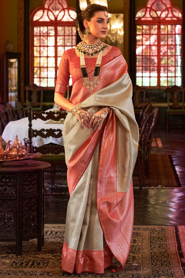 Cream Kanjivaram Silk Saree With Weaving Work