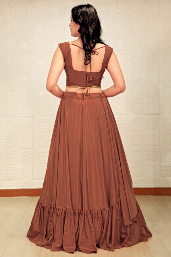 Brown Color Crepe Fabric Beguiling Lehenga In Function Wear