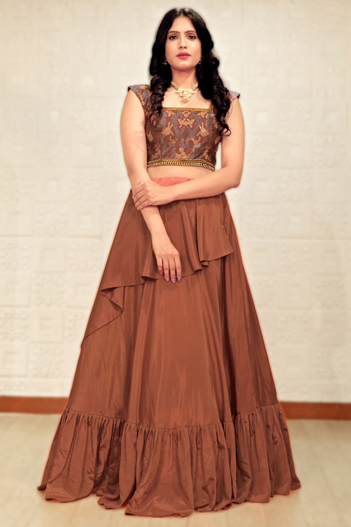 Brown Color Crepe Fabric Beguiling Lehenga In Function Wear