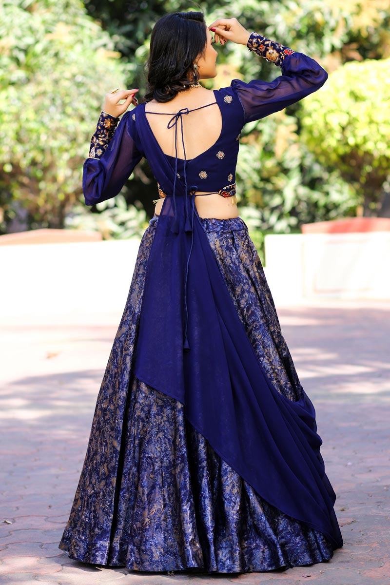 Spectacular Function Wear Navy Blue Color Art Silk Fabric Lehenga