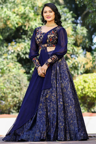 Spectacular Function Wear Navy Blue Color Art Silk Fabric Lehenga