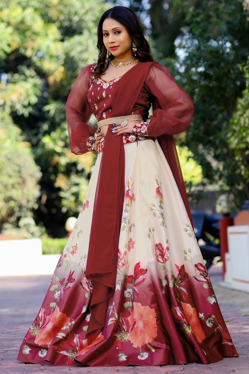 Innovative Cream Color Function Wear Lehenga In Art Silk Fabric