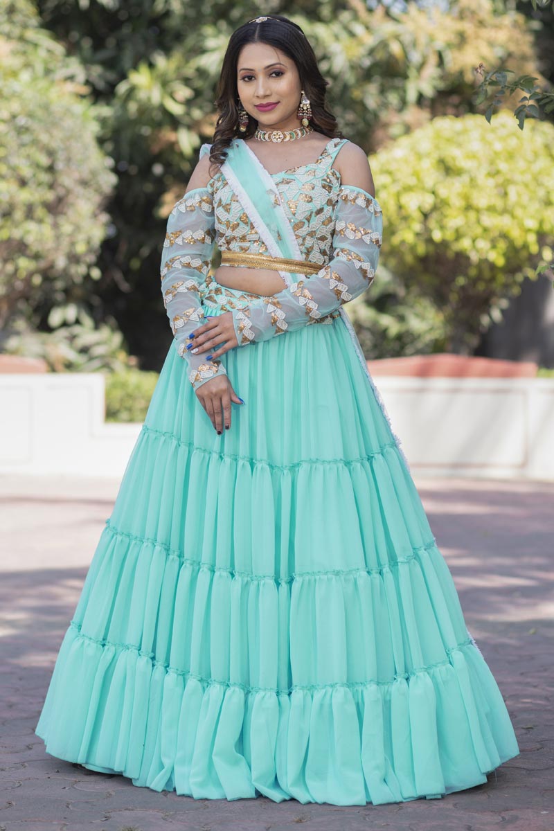 Cyan Color Georgette Fabric Vintage Lehenga In Function Wear