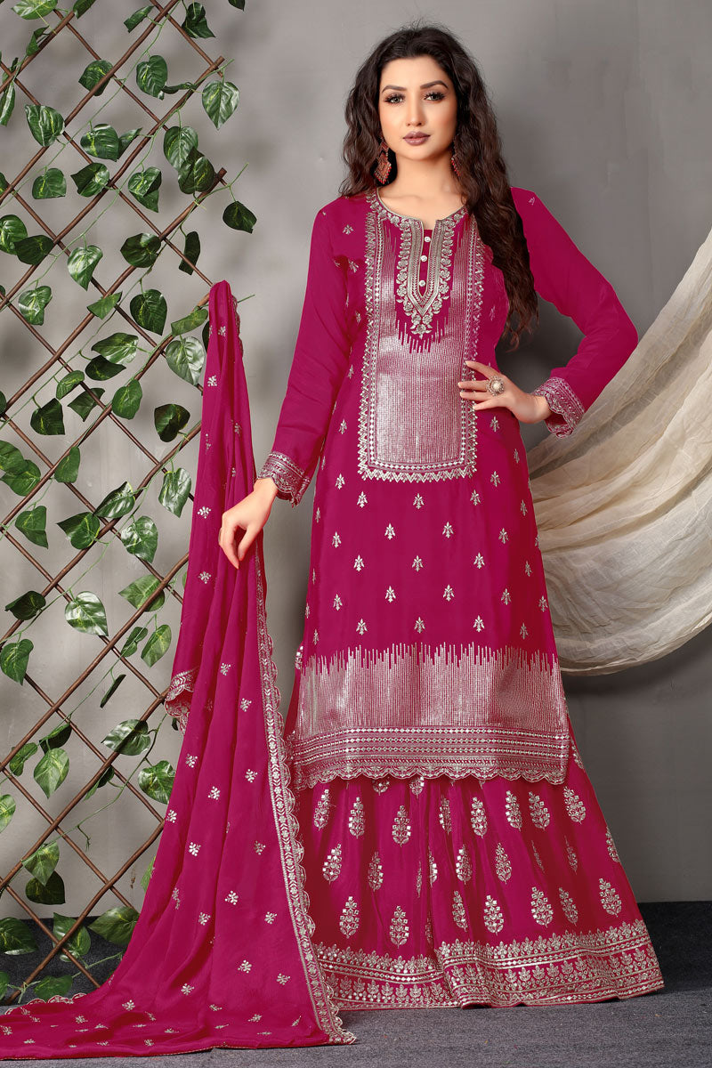 Party Wear Chinon Fabric Embroidered Bright Rani Color Palazzo Suit
