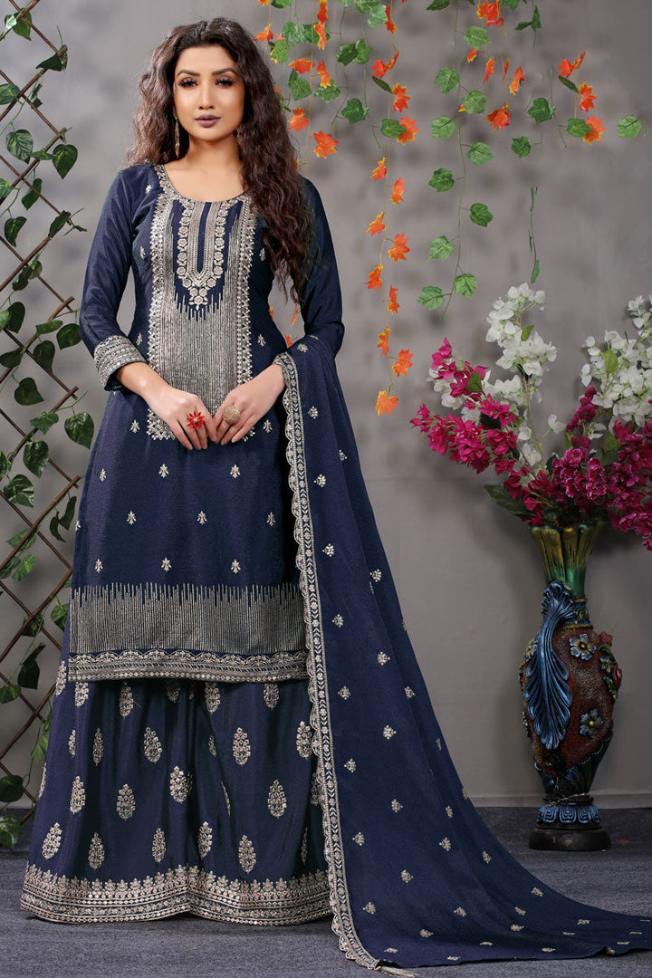 Radiant Navy Blue Color Party Wear Embroidered Palazzo Suit