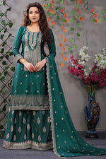 Load image into Gallery viewer, Chinon Fabric Teal Color elegant Party Wear Embroidered Palazzo Suit
