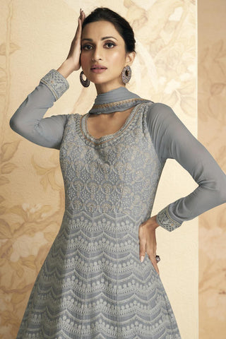 Tempting Georgette Fabric Grey Color Gown With Dupatta