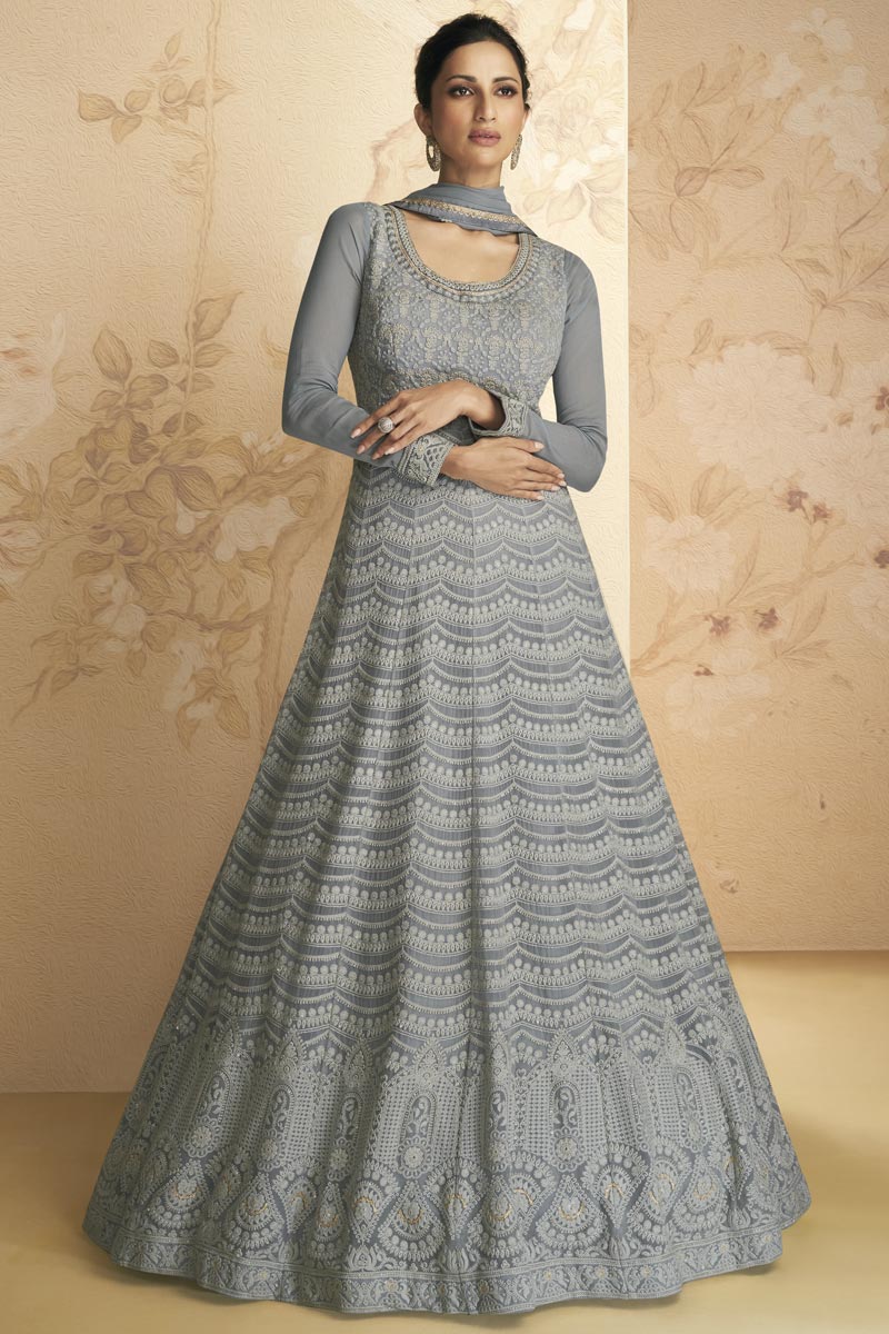 Tempting Georgette Fabric Grey Color Gown With Dupatta