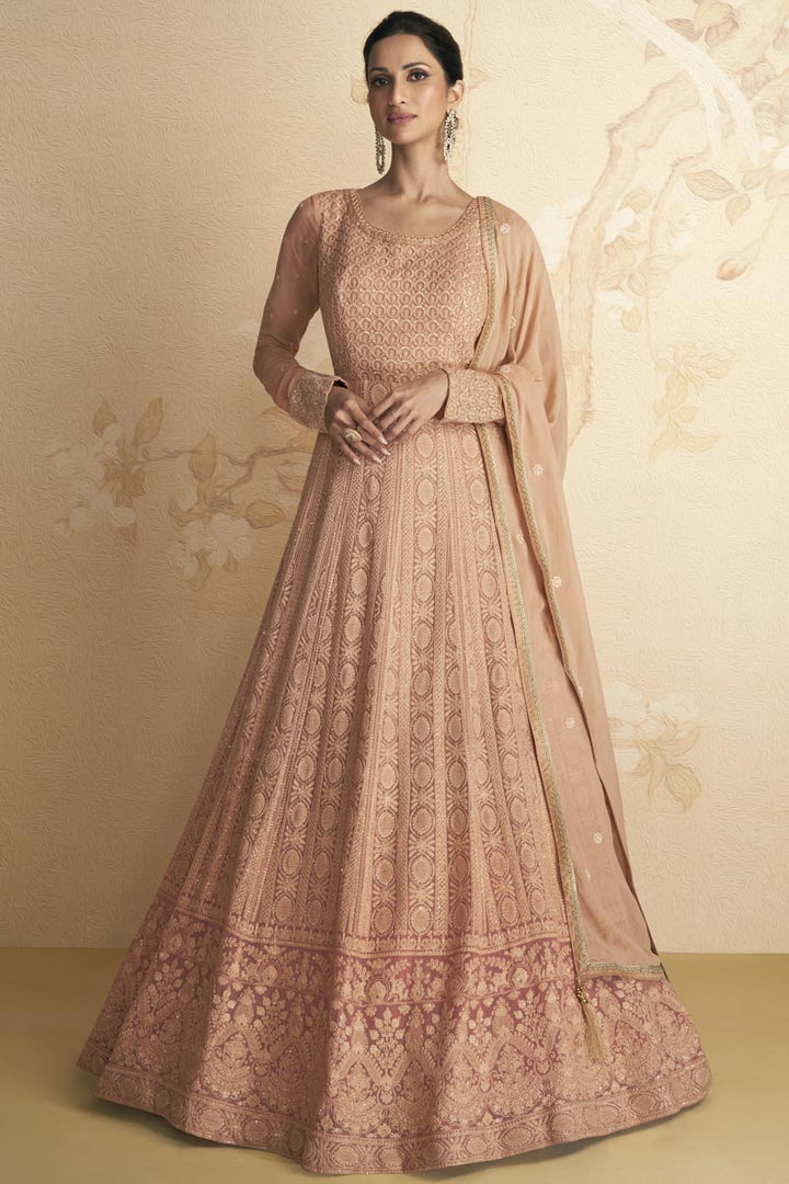 Engaging Peach Color Georgette Fabric Gown With Dupatta