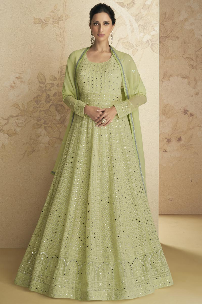 Classic Green Color Gown With Dupatta In Georgette Fabric