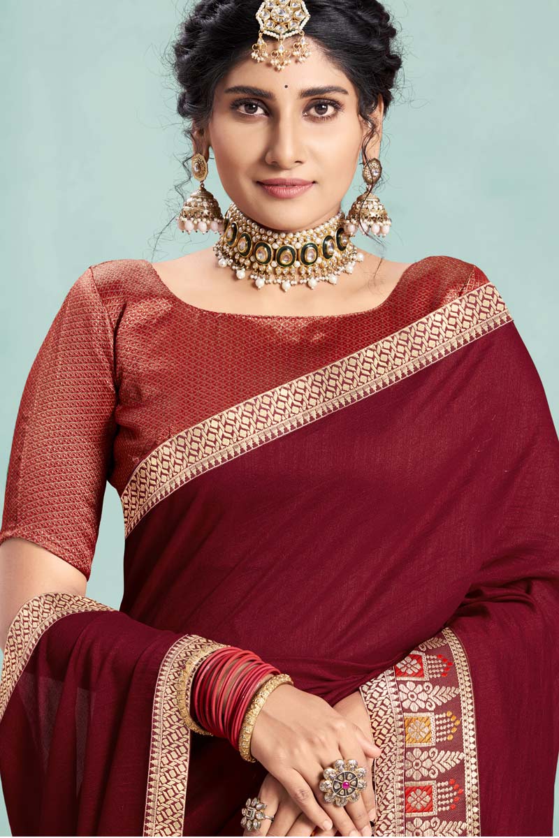 Art Silk Fabric Maroon Color Festival Wear Saree With Remarkable Border Work