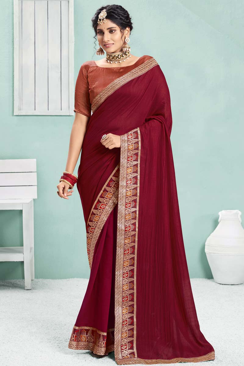 Art Silk Fabric Maroon Color Festival Wear Saree With Remarkable Border Work