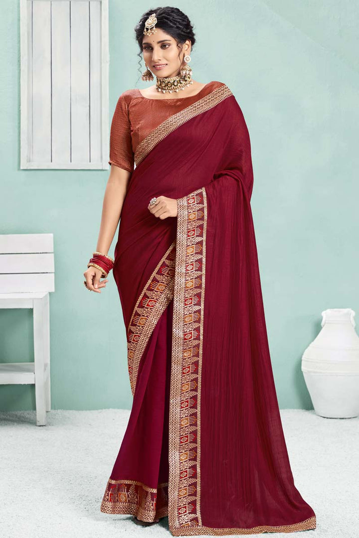 Art Silk Fabric Maroon Color Festival Wear Saree With Remarkable Border Work