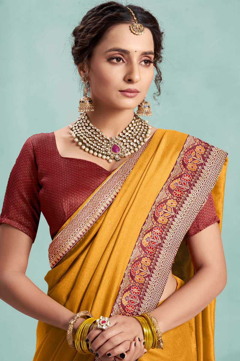 Dazzling Mustard Color Art Silk Fabric Festival Wear Saree With Border Work