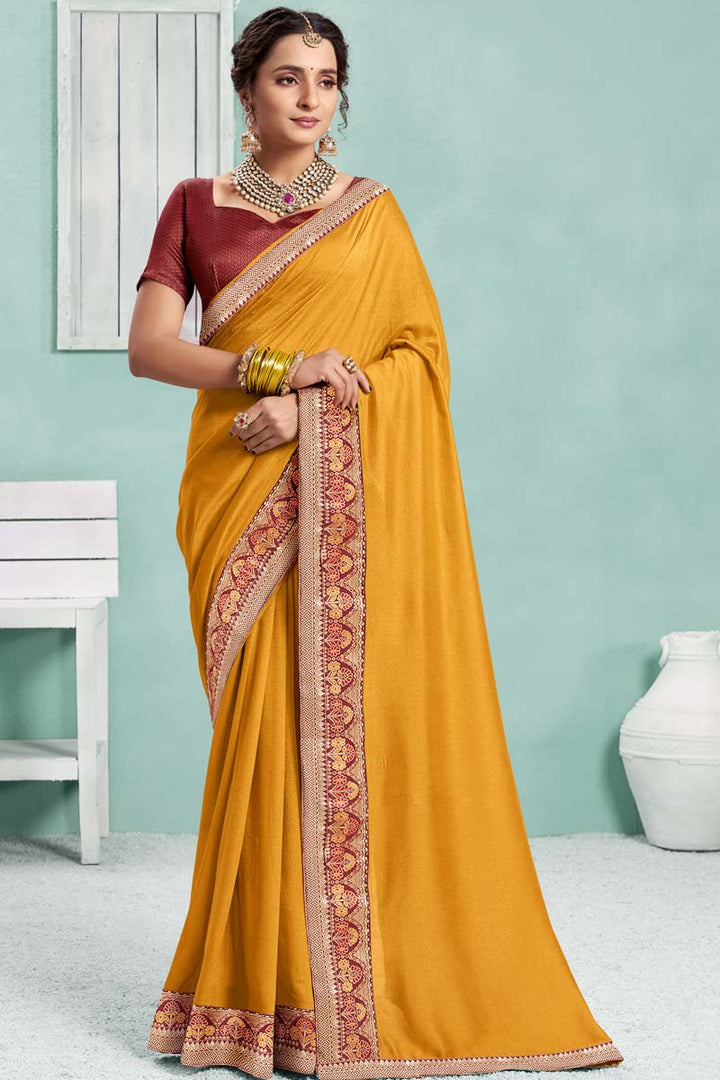 Dazzling Mustard Color Art Silk Fabric Festival Wear Saree With Border Work