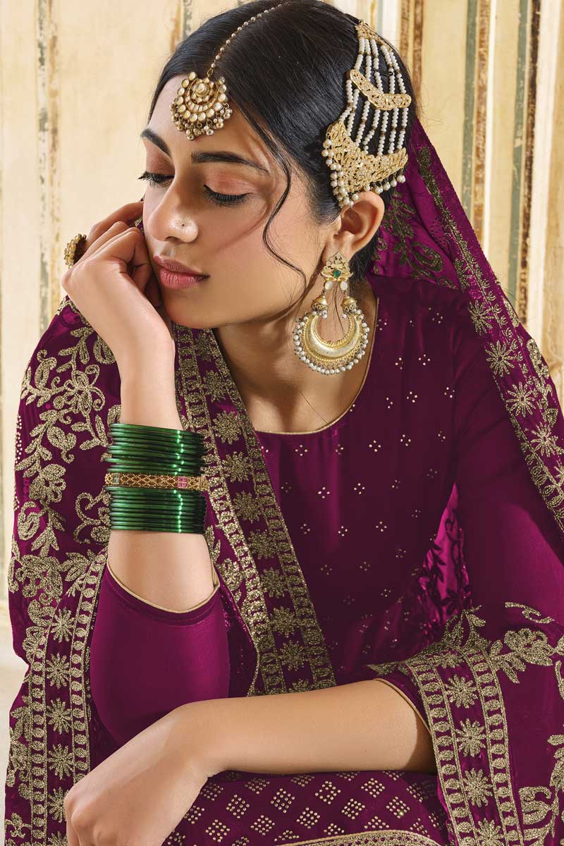 Fascinating Embroidered Work On Purple Color Function Wear Palazzo Suit In Georgette Fabric