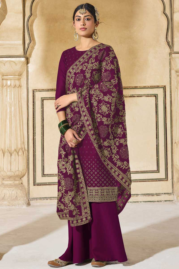 Fascinating Embroidered Work On Purple Color Function Wear Palazzo Suit In Georgette Fabric