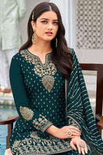 Load image into Gallery viewer, Delicate Teal Color Embroidered Work Georgette Fabric Palazzo Suit
