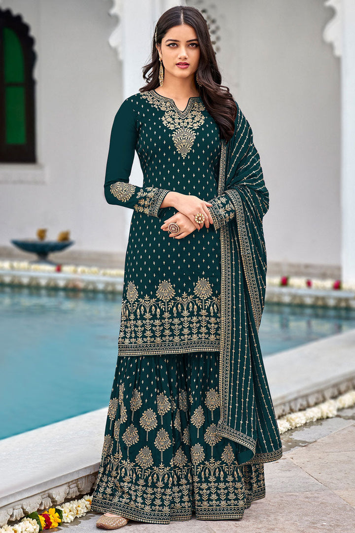 Delicate Teal Color Embroidered Work Georgette Fabric Palazzo Suit