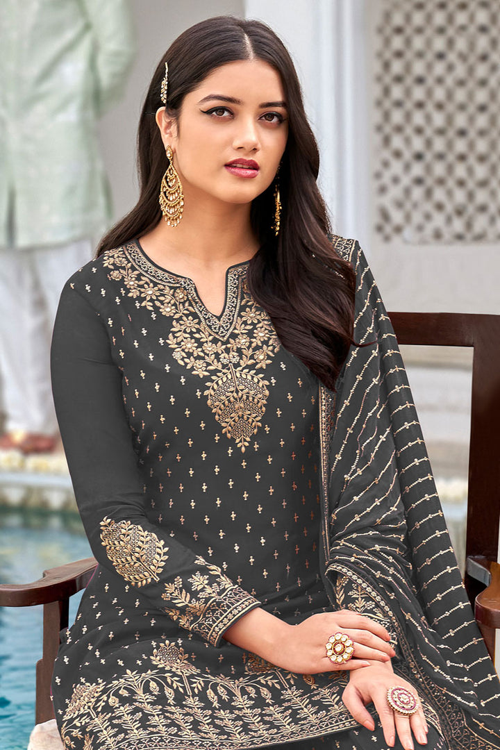 Blazing Grey Color Embroidered Georgette Fabric Palazzo Suit