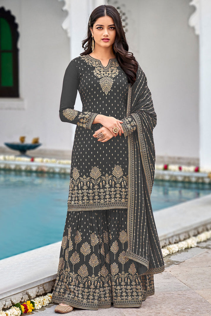 Blazing Grey Color Embroidered Georgette Fabric Palazzo Suit
