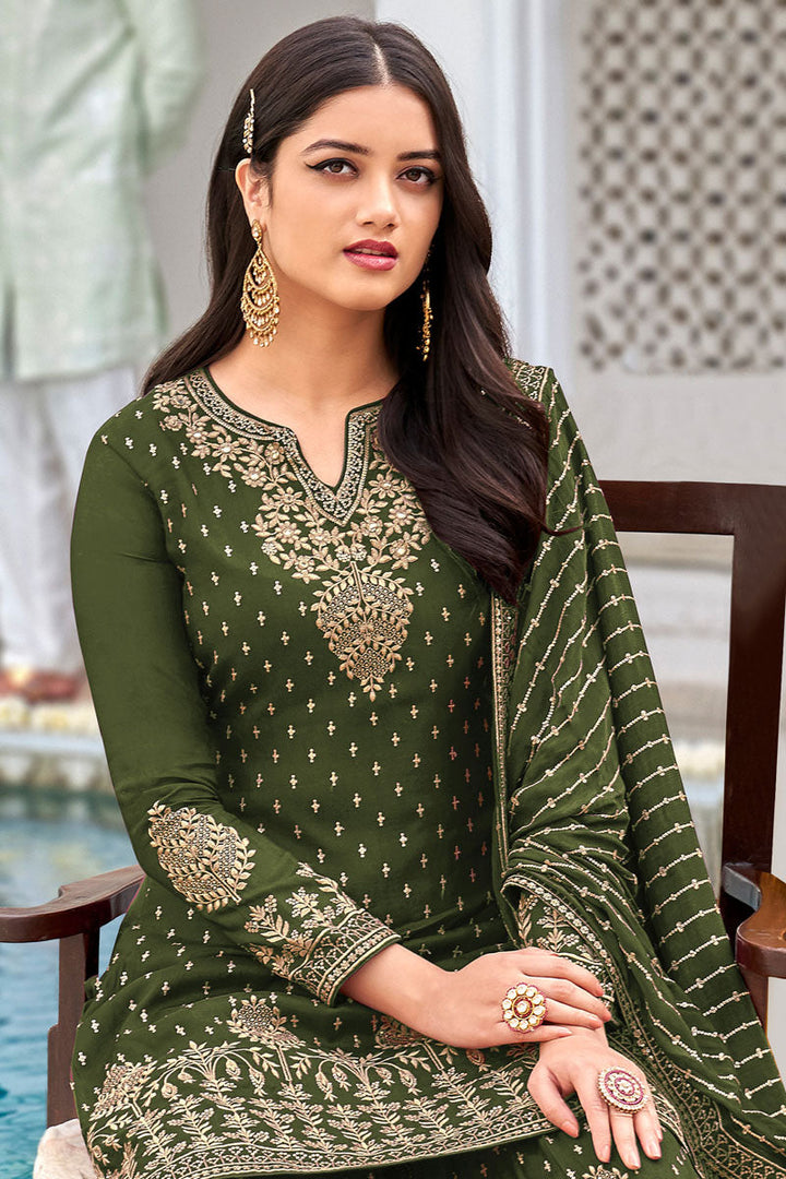 Mehendi Green Color Embroidered Glamorous Georgette Fabric Palazzo Suit