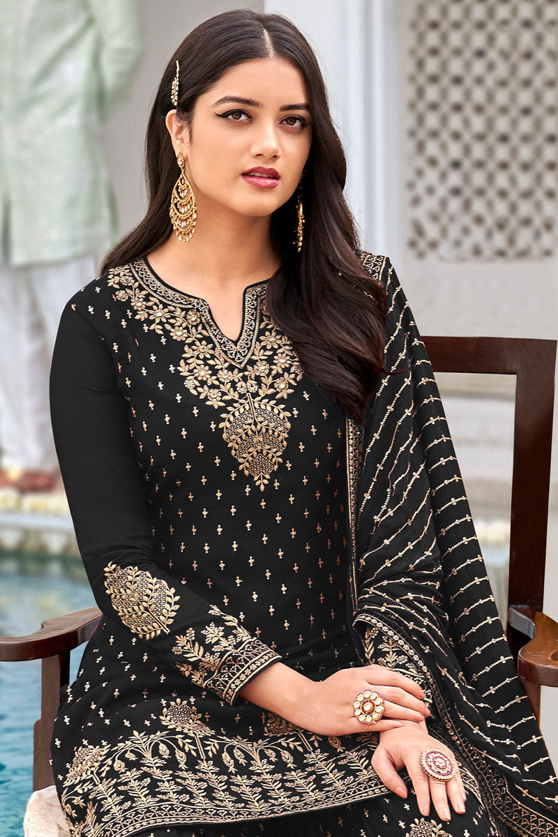 Black Color Embroidered Pleasant Georgette Fabric Palazzo Suit