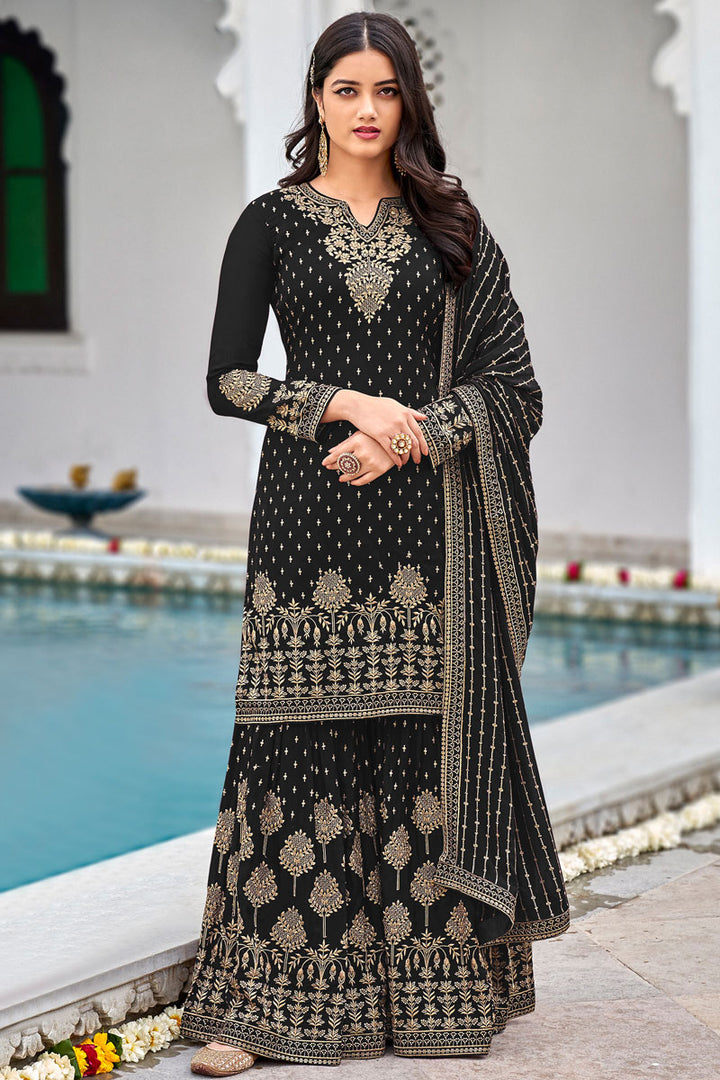Black Color Embroidered Pleasant Georgette Fabric Palazzo Suit