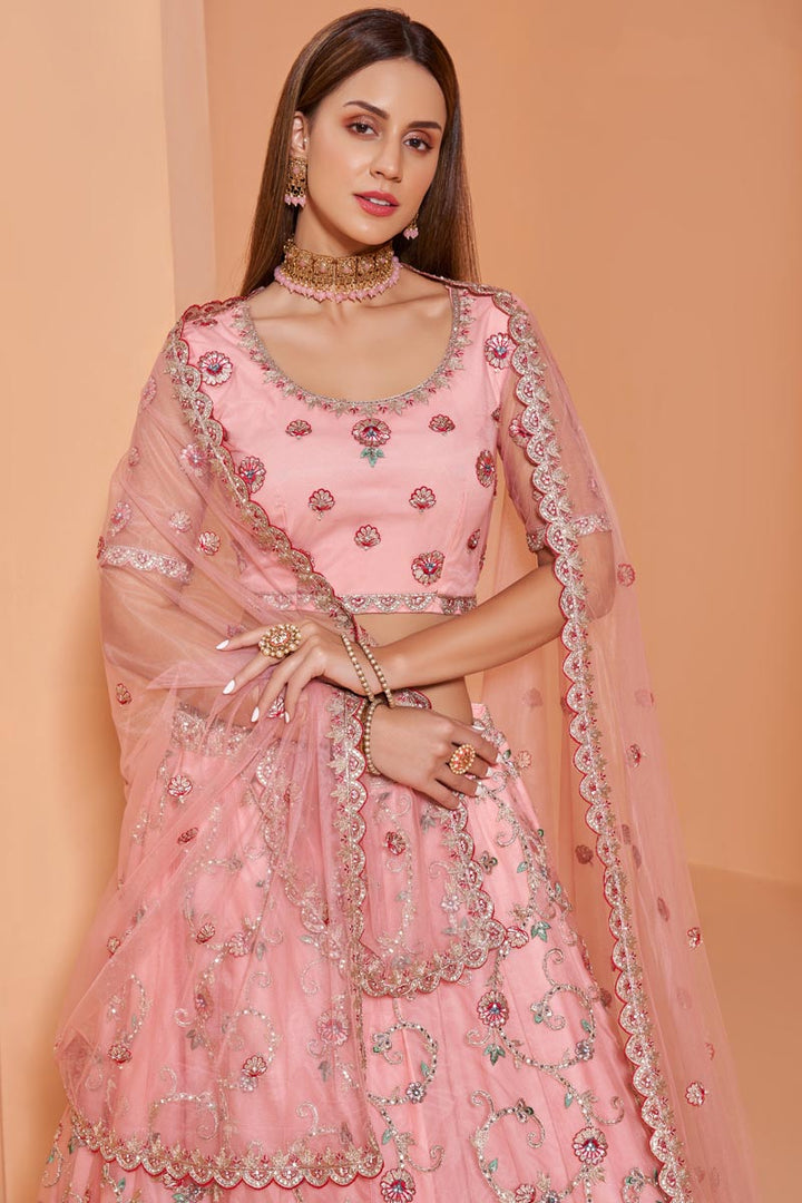 Pink Color Wedding Function Wear Net Fabric Embroidered Lehenga Choli