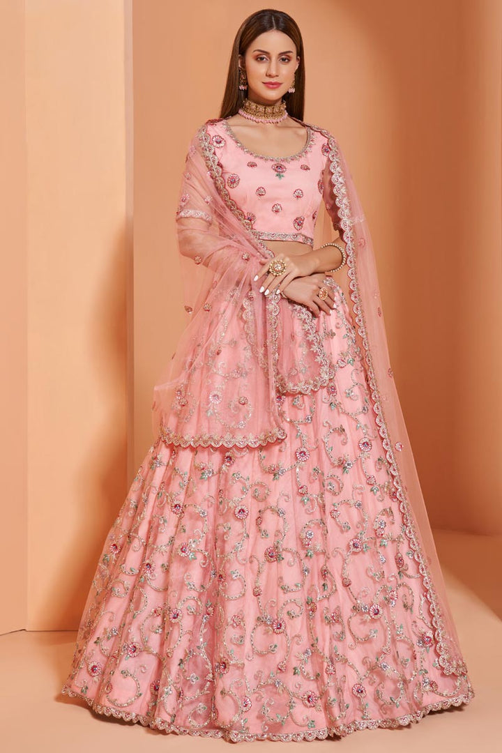 Pink Color Wedding Function Wear Net Fabric Embroidered Lehenga Choli