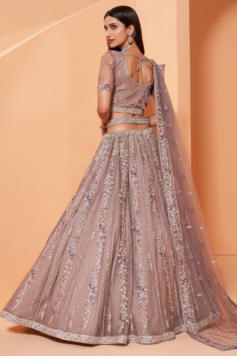 Cream Color Wedding Function Wear Net Fabric Embroidered Lehenga