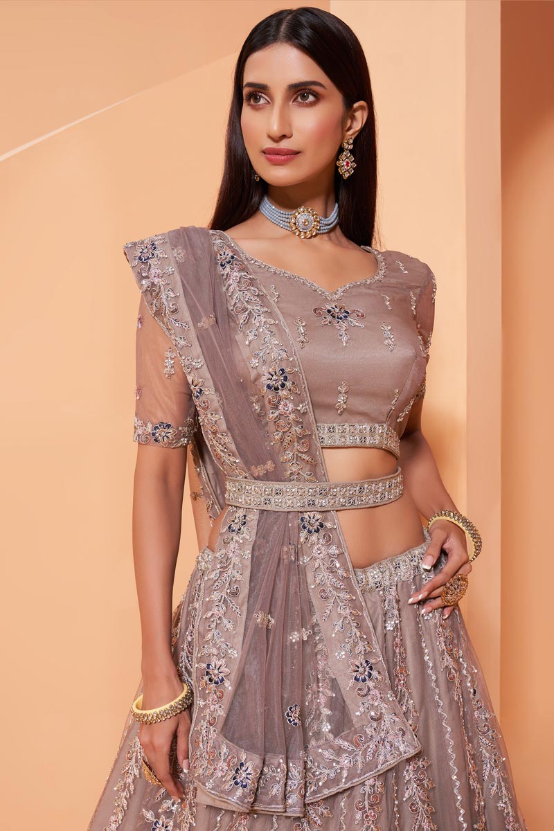 Cream Color Wedding Function Wear Net Fabric Embroidered Lehenga