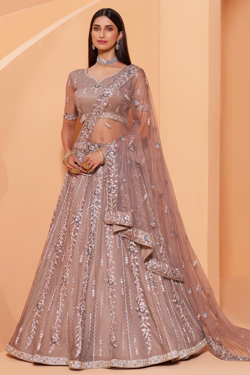 Cream Color Wedding Function Wear Net Fabric Embroidered Lehenga