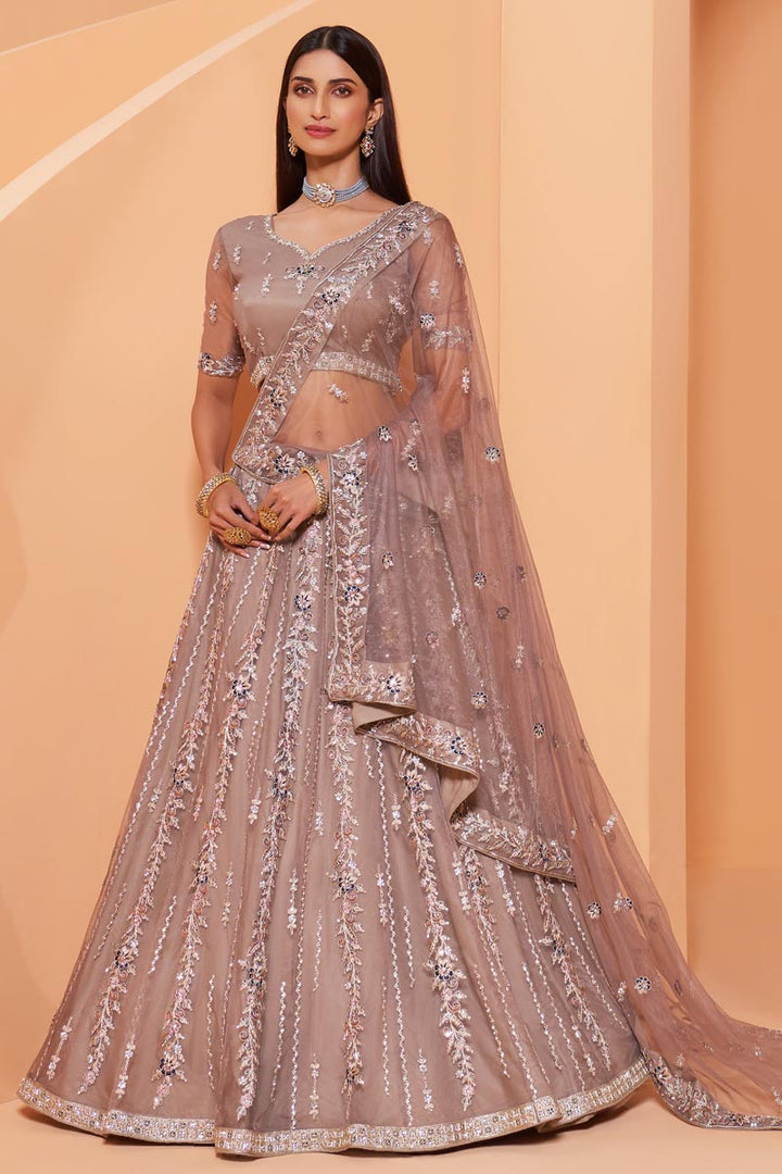 Cream Color Wedding Function Wear Net Fabric Embroidered Lehenga