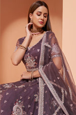 Load image into Gallery viewer, Wine Color Wedding Function Wear Embroidered Lehenga In Net Fabric
