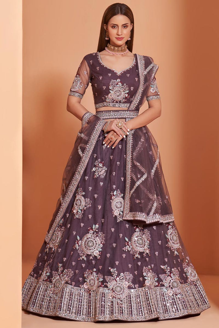 Wine Color Wedding Function Wear Embroidered Lehenga In Net Fabric
