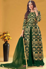 Load image into Gallery viewer, Elegant Embroidered Work On Georgette Fabric Sangeet Wear Palazzo Suit In Dark Green Color
