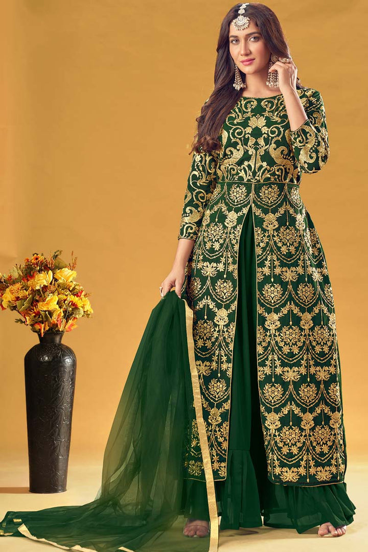 Elegant Embroidered Work On Georgette Fabric Sangeet Wear Palazzo Suit In Dark Green Color