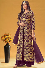 Load image into Gallery viewer, Embroidered Work On Wine Color Georgette Fabric Sangeet Wear Classic Palazzo Suit
